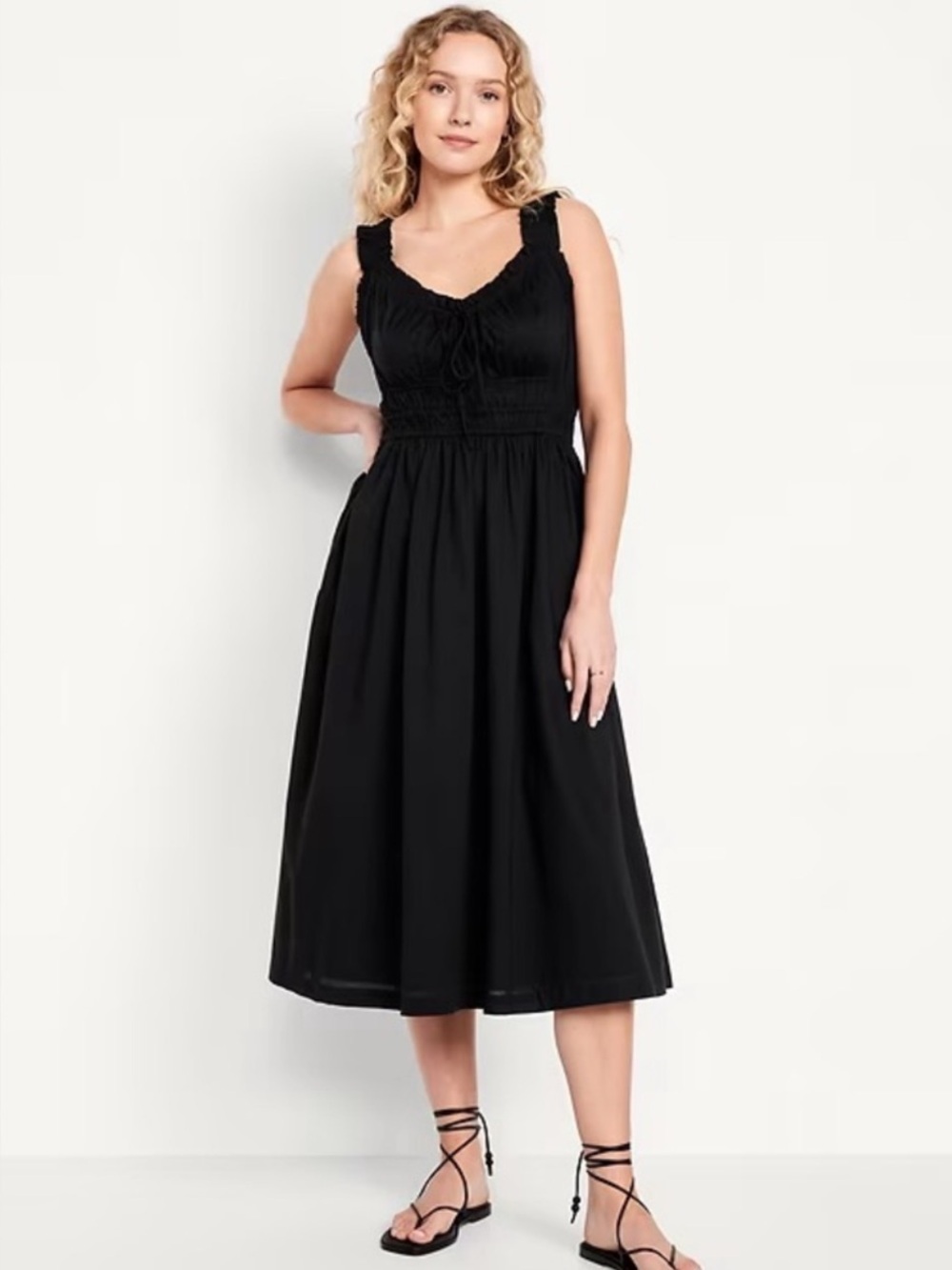 NEW! Old Navy Black Waist-Defined Ruffled Midi Dress - Size XS 🎖️